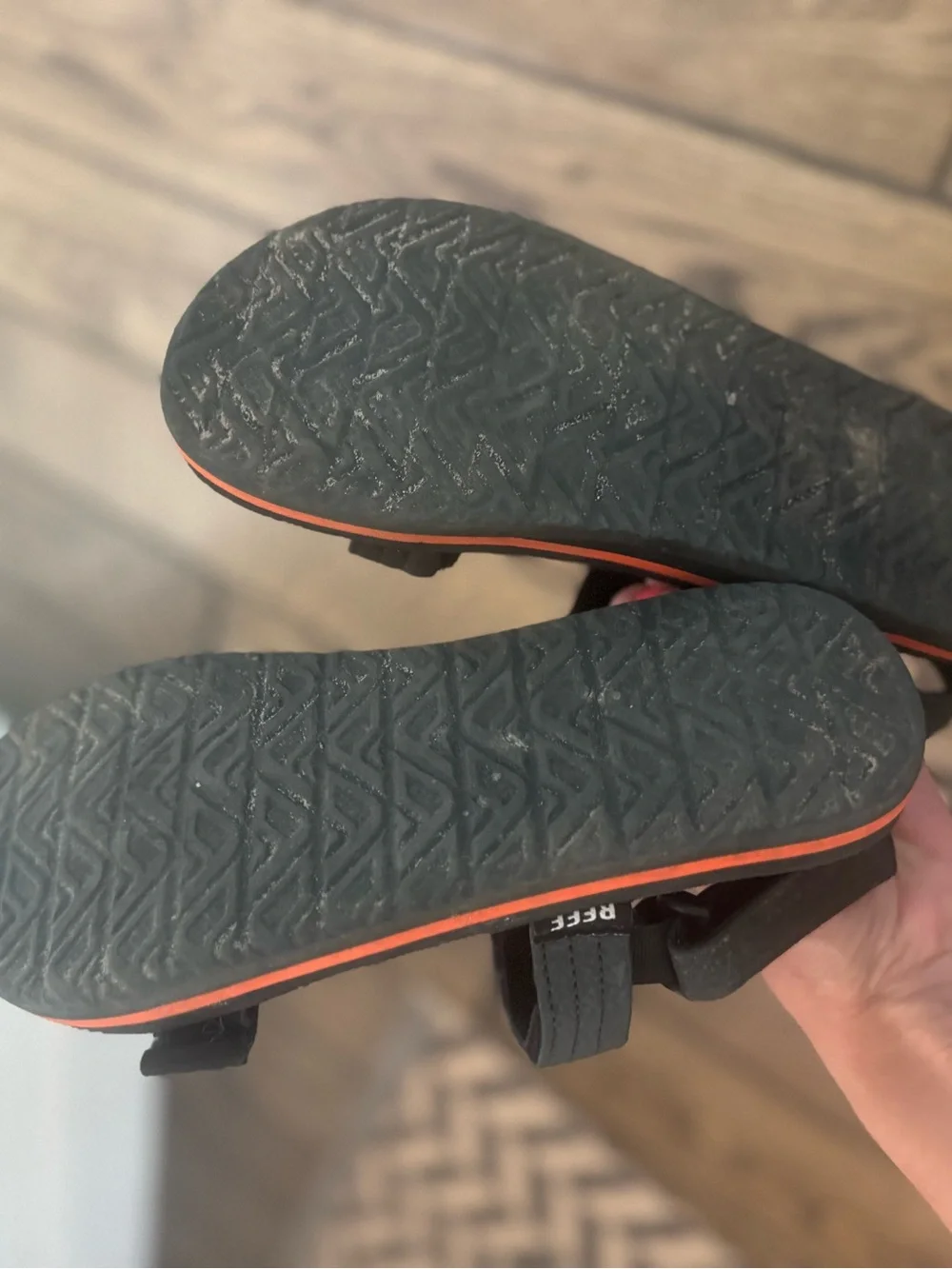 Size 4 Reef Kids Black and Orange Accent Strap Sandals